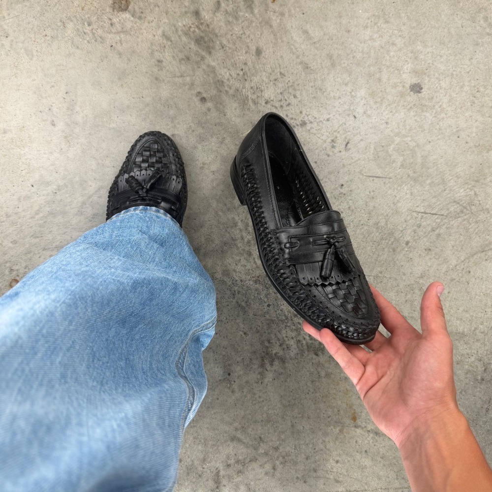 Vintage Polished Nunn Bush Mens Black Woven Leather Tassel Kiltie Loafers 10M